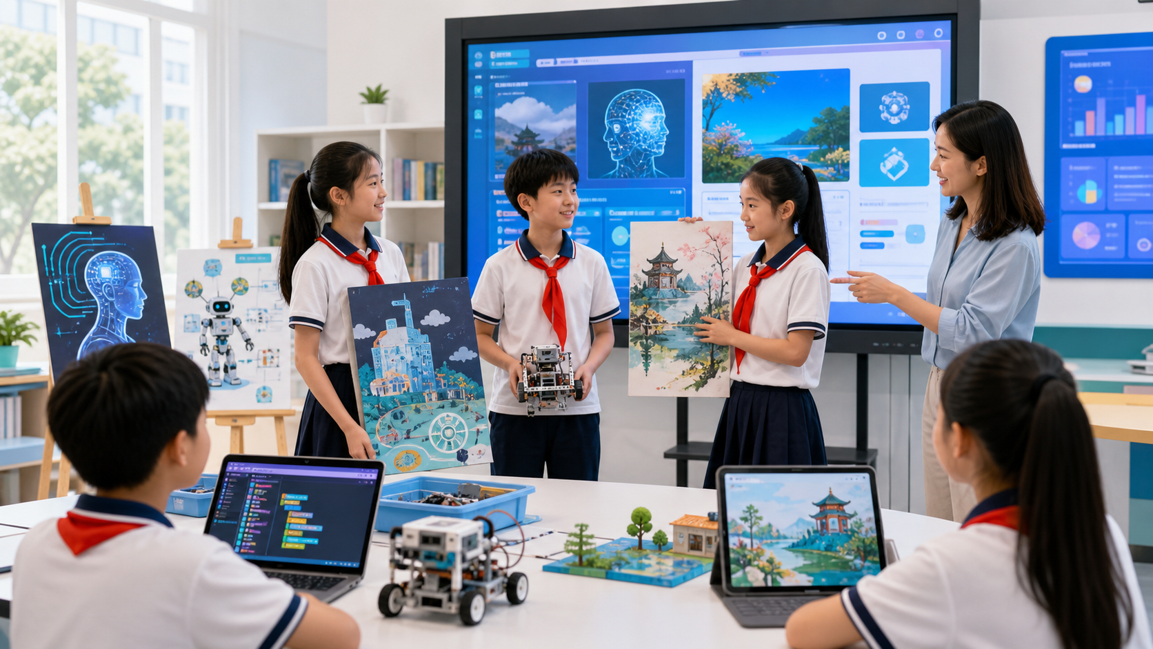 学生展示人工智能课程作品的课堂场景